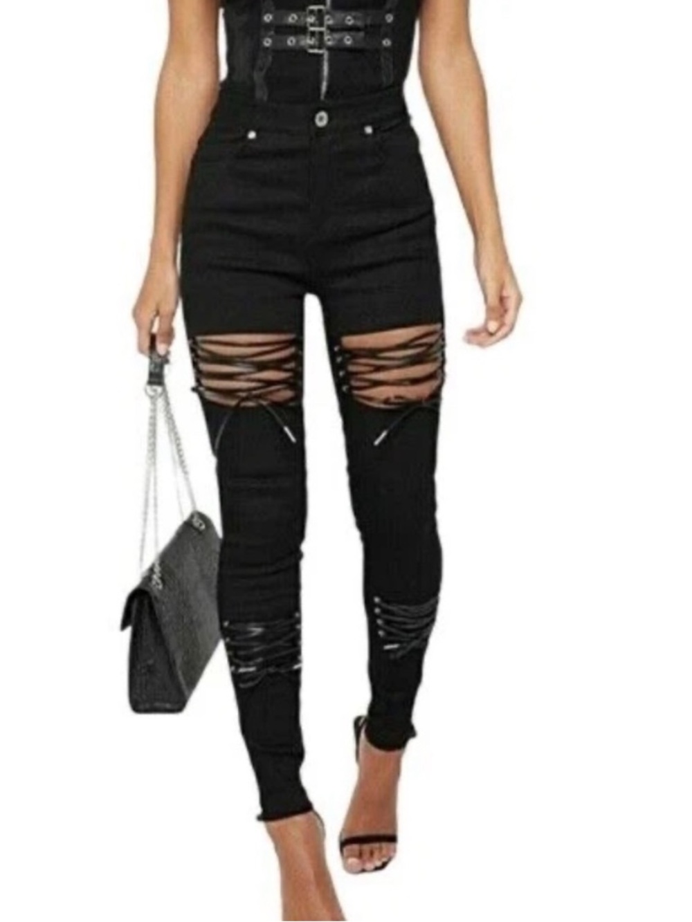Maniere De Voir Black Lace up skinny jeans goth punk sz UK 10 (NWT)